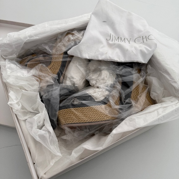 Jimmy Choo Brandon 100 Black Wedge Platform Sandals Wrap Around Ankle Strap - Picture 2 of 11